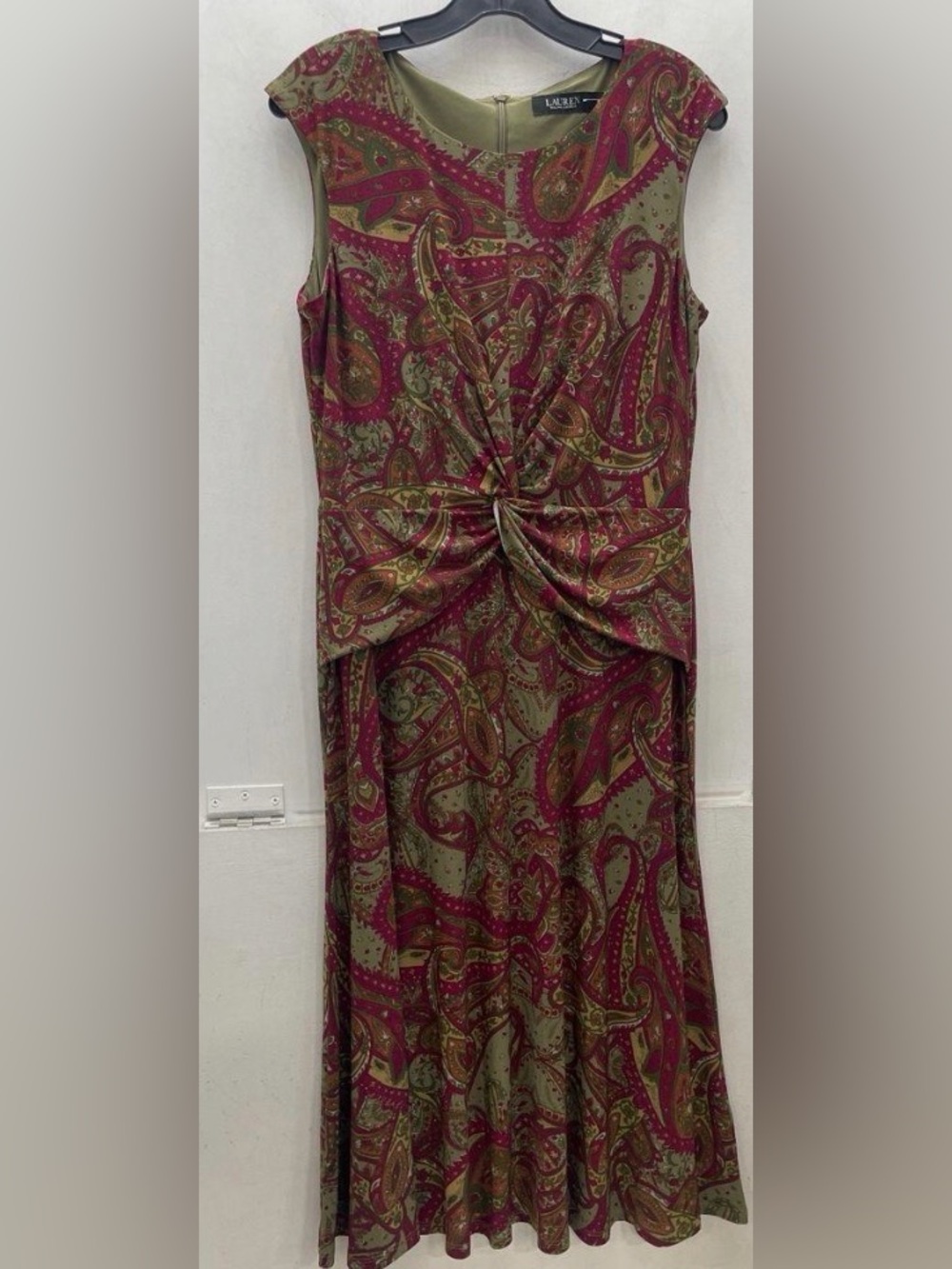 * New Lauren Ralph Lauren Maroon Olive Paisley Below Knee Midi Dress $135 SZ 10